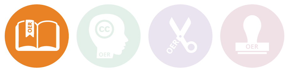 OER Guidance for Schools logos: Book, head, scissors, stamp. The book is highlighted for Guidance 1.